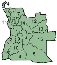 Peta Angola dengan provinsi-provinsi yang diberi nomor